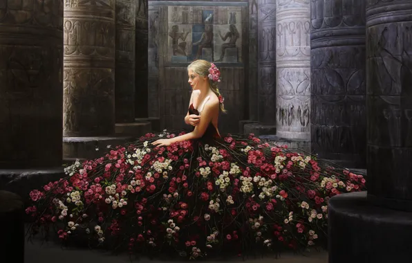 Картинка девушка, цветы, поза, модель, розы, платье, колонны, живопись