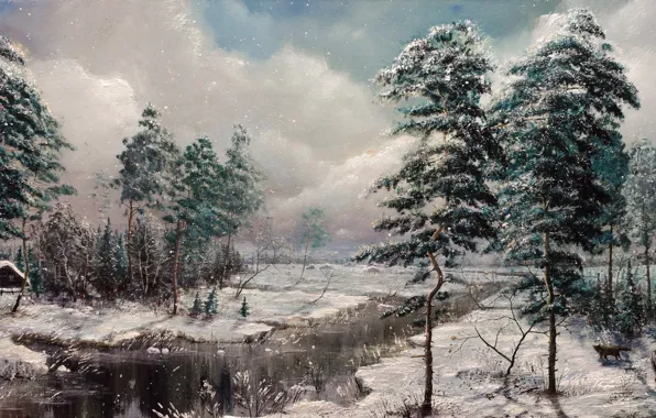 Картинка зима, снег, деревья, природа, дом, река, собака, охотник