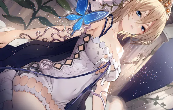 Girl, sexy, cleavage, dress, boobs, anime, blue eyes, butterfly