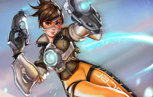 Девушки, Арт, Art, Персонаж, Overwatch, Tracer, Lena Oxton, Трейсер