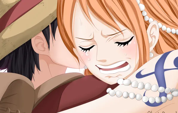 Девушка, парень, двое, One Piece, слёзы, обнимашки