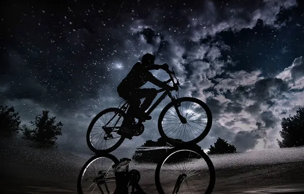 Небо, облака, ночь, отражение, лужа, велосипедист