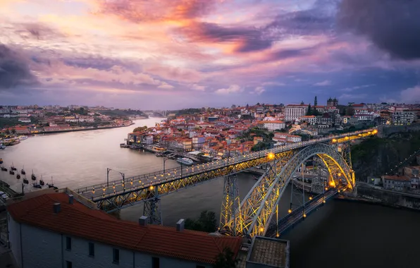 Небо, облака, закат, мост, река, дома, Portugal, Porto