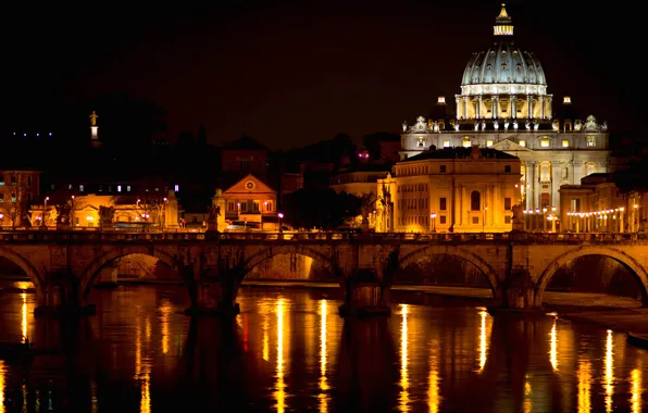 Ночь, мост, огни, река, Рим, Италия, Ватикан, Тибр