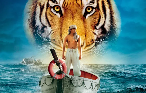 Картинка море, вода, тигр, лодка, человек, корабль, парень, Жизнь Пи