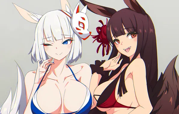 Sexy, cleavage, long hair, girls, brown hair, boobs, animal ears, anime