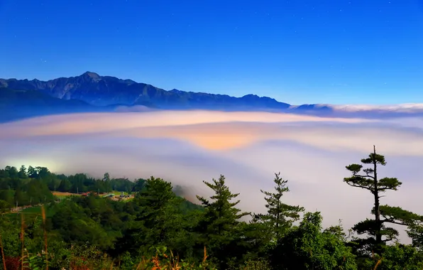 Картинка небо, деревья, горы, туман