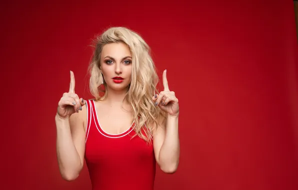 Red, beautiful, blonde, swimsuit, bright, red lips, makeup