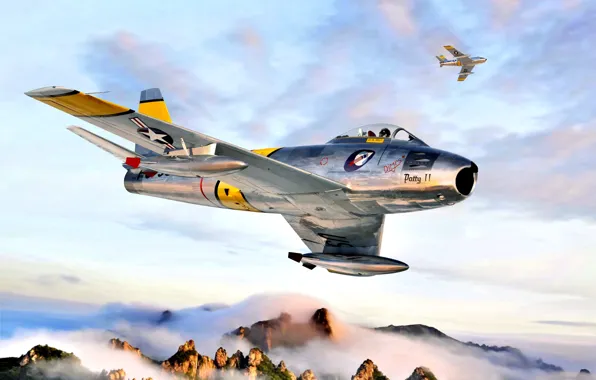Картинка Горы, США, Sabre, F-86F, Корейская война 1950—1953 годов, Корея 1953
