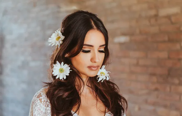 Flowers, pretty, brunette, closed eyes