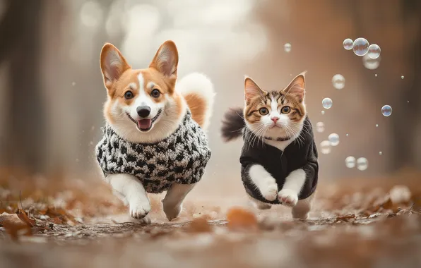 Кошка, взгляд, природа, поза, котенок, собака, парочка, мордашки