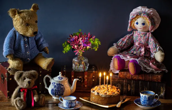 Картинка цветы, стиль, игрушки, книги, кукла, медведи, чаепитие, торт