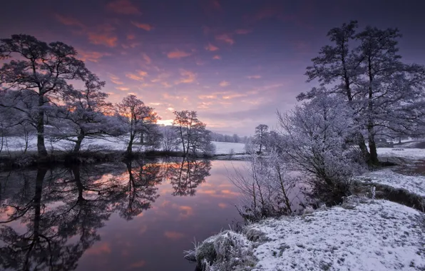 Картинка зима, пейзаж, закат, река