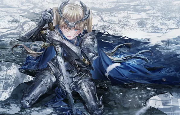 Холод, боль, поражение, knight, рыцарские доспехи, стоит на коленях, женщина-воин, Fate Apocrypha