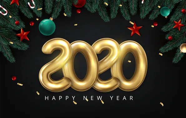 Шарики, ветки, Новый год, звёздочки, хвоя, тёмный фон, 2020