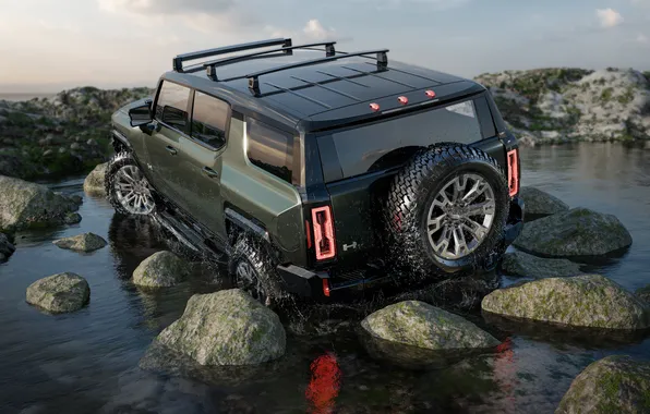 Машина, ручей, камни, 2024, GMC Hummer EV pickup