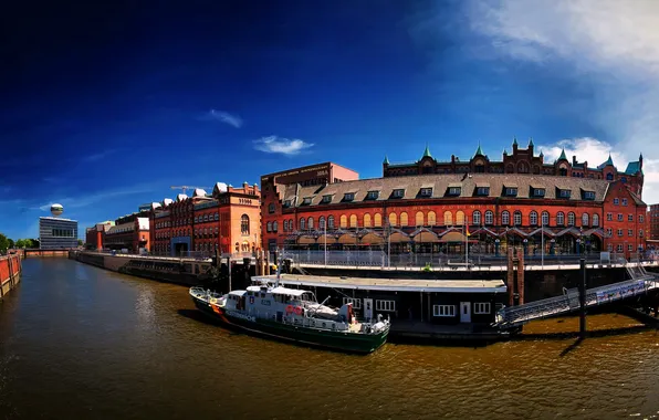 Картинка город, река, фото, дома, яхта, Германия, Гамбург