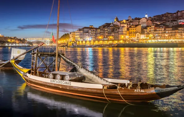 Картинка мост, город, река, дома, лодки, вечер, освещение, Португалия