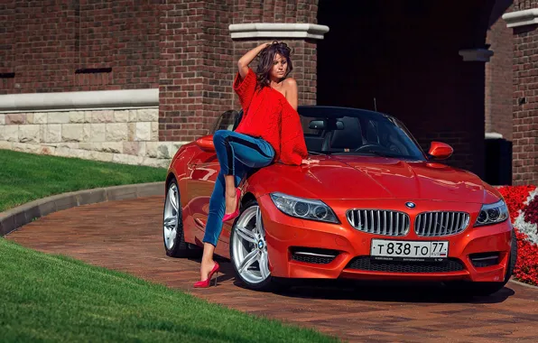 Car, red, woman, model