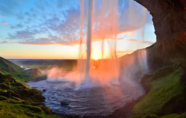 Закат, водопад, поток, Исландия, Iceland, Seljalandsfoss, Селйяландсфосс