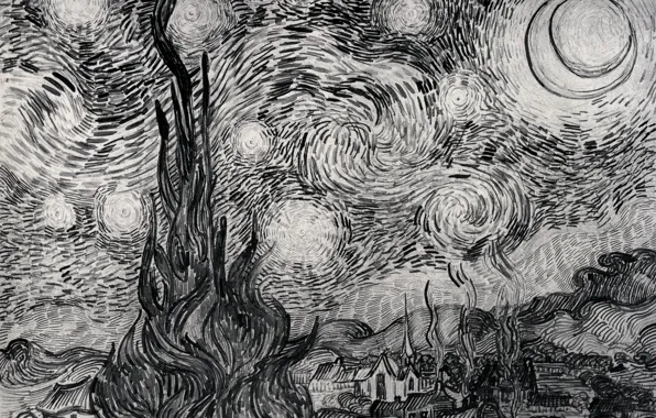 Картинка куст, Vincent van Gogh, ночь в деревне, Starry Night 2