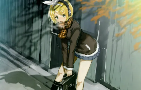 Забор, тень, наушники, шарф, гольфы, vocaloid, портфель, Rin Kagamine