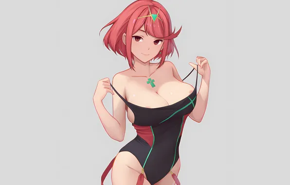 Girl, sexy, cleavage, red hair, long hair, boobs, anime, beautiful