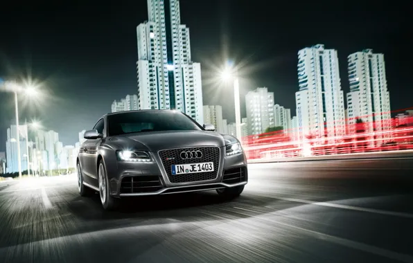 Серый, Audi, скорость, RS5, город ночь