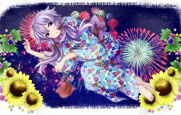 Картинка небо, девушка, звезды, цветы, ночь, арт, кимоно, vocaloid