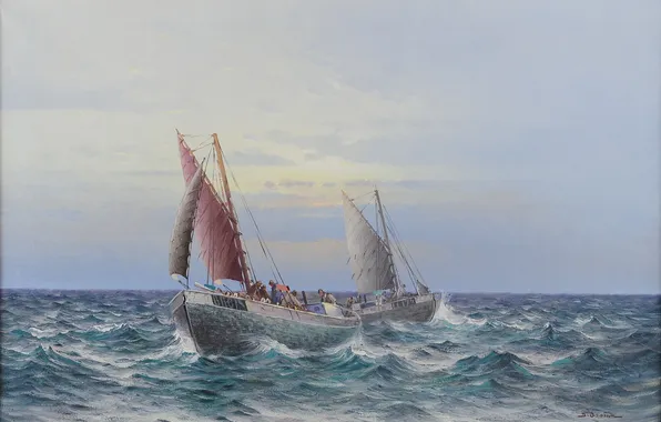 Картинка море, волны, масло, картина, лодки, паруса, холст, JOHAN