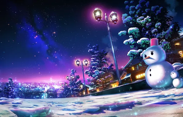 Картинка зима, небо, снег, деревья, ночь, город, снеговики, by monorisu