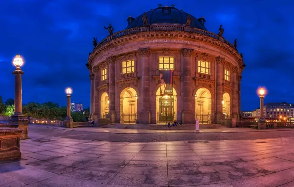 Вечер, Германия, подсветка, Берлин, Bode-Museum