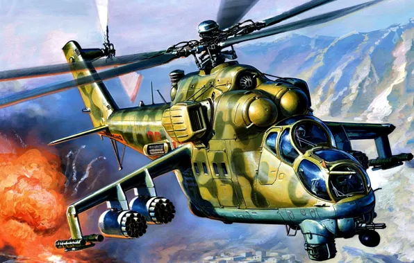 Горы, Взрыв, ВВС СССР, Ми-24В, Война в Афганистане, Советский ударный вертолёт, ''Крокодил''