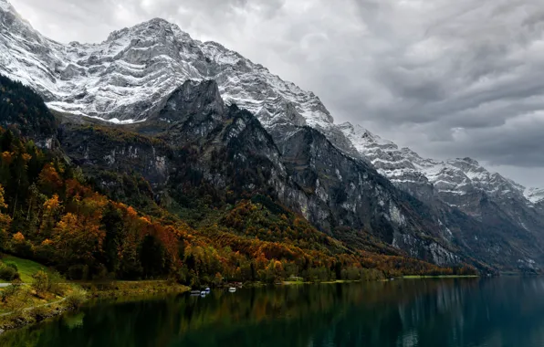 Картинка Switzerland, autumn, mountains, lake, rocks, shore, boats, mounts