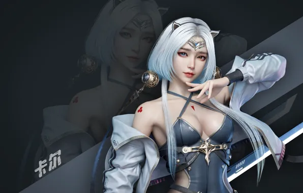 Cleavage, long hair, weapon, women, big boobs, fantasy art, CGI, looking at viewer
