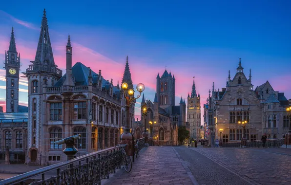 Картинка небо, закат, улица, фонари, Бельгия, evening, street, houses, Belgium, Гент