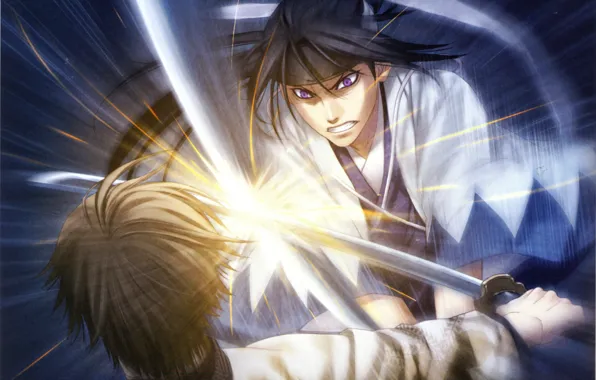 Сияние, ярость, искры, катаны, поединок, самураи, hakuouki shinsengumi kitan, hijikata toshizou