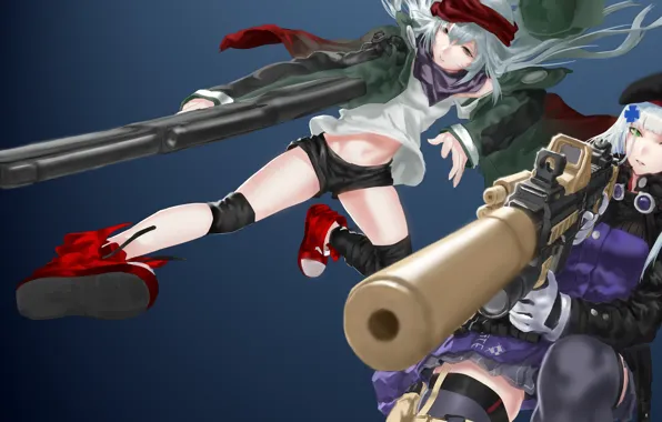 Оружие, девушки, аниме, арт, синий фон, Girls Frontline, Девушки фронта