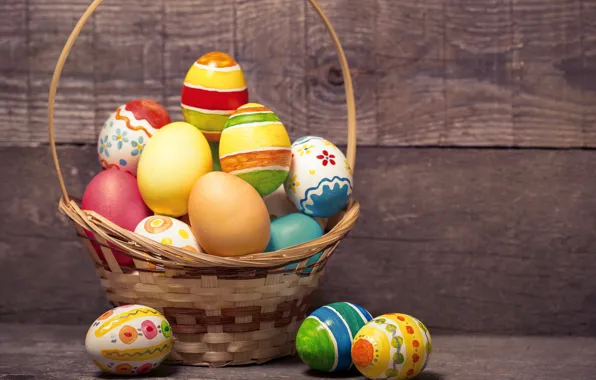 Корзина, colorful, Пасха, wood, spring, Easter, eggs, holiday
