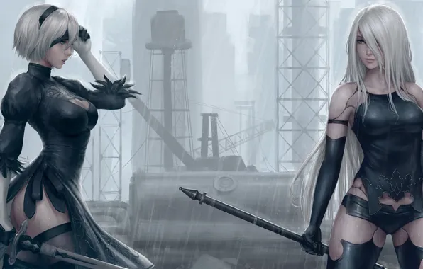Sword, game, ass, robot, rain, long hair, mecha, weapon