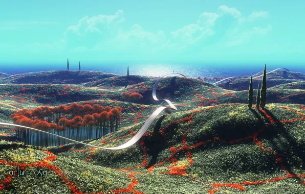 Картинка дорога, небо, деревья, холмы, женщина, лента, over the hills