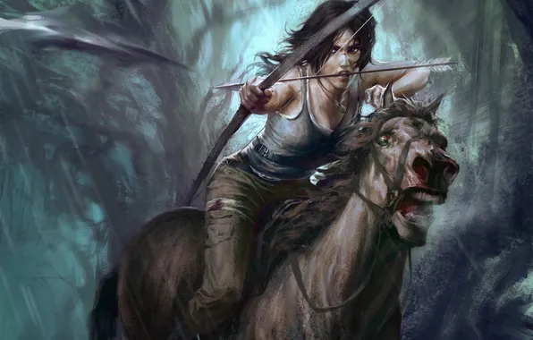 Девушка, конь, скорость, лук, бег, стрела, lara croft, tomb raider