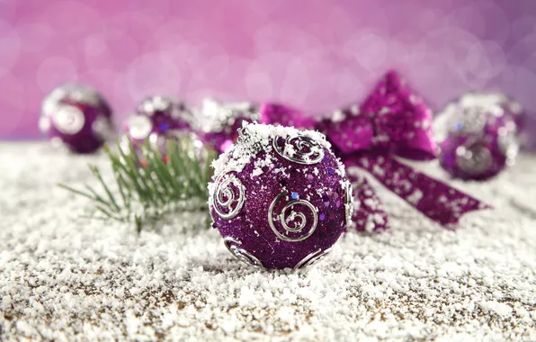 Картинка зима, шарики, снег, узоры, игрушки, Новый Год, Рождество, фиолетовые