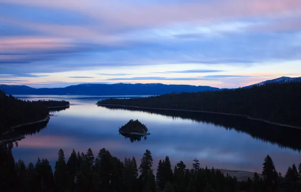 Закат, природа, озеро, California, Lake Tahoe, Emerald Bay