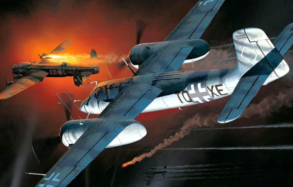 Картинка ночь, огонь, война, рисунок, германия, ночной истребитель, Focke-Wulf, Moskito