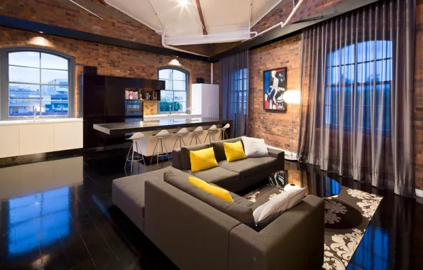Стиль, интерьер, кухня, гостиная, лофт, Woolstore Apartment