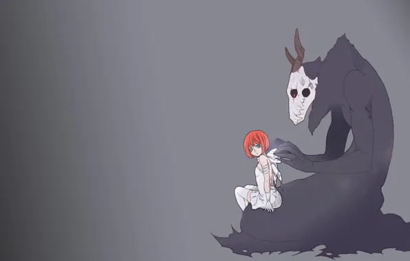 Skull, red, girl, love, red hair, anime, redhead, witch