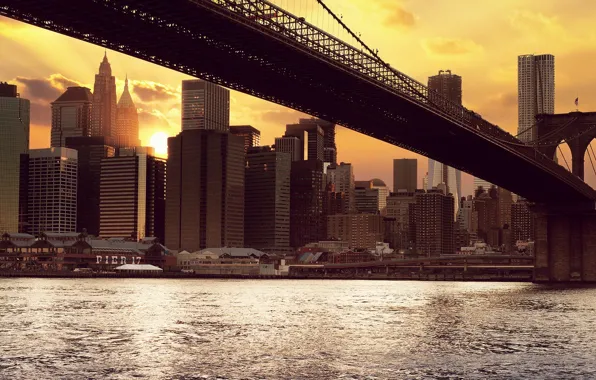 Картинка солнце, закат, здания, нью-йорк, new york, бруклинский мост, brooklyn bridge