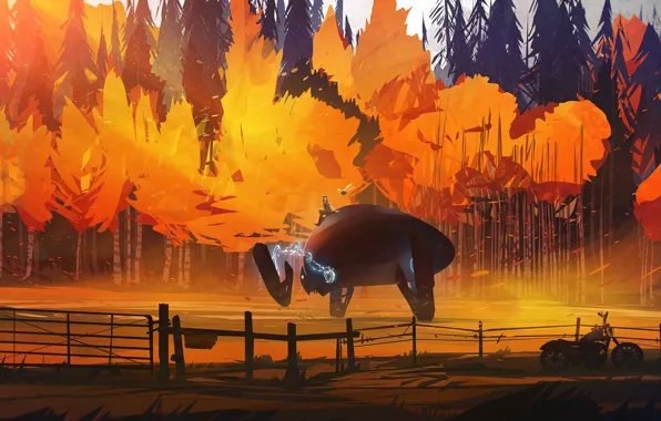 Картинка осень, лес, девушка, деревья, забор, робот, мотоцикл, байк