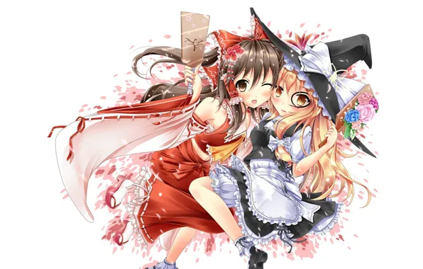 Бант, жрица, подмигивание, оборки, лепестки сакуры, шляпа ведьмы, Hakurei Reimu, Touhou Project
